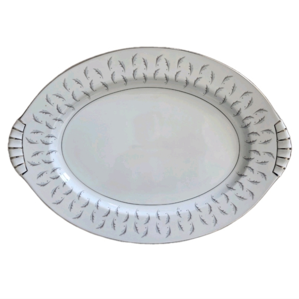 Kent Japan Normandy Oval 15" Serving Platter Blue Gray Leaves Silver Elegance - Picture 6 of 6